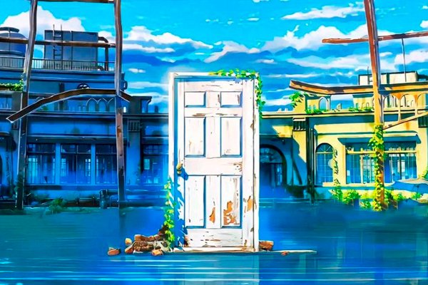 Suzume descubre la primera puerta mágica, rodeada de caos y desorden, que la llevará a una aventura sobrenatural en la película Suzume, marcando el comienzo de su misión.